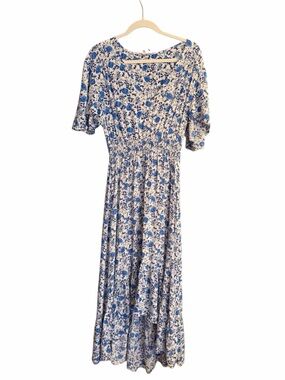 Abel the label (Anthropologie) Blue Floral Hi-Low Midi Dress with Smocked Waist
